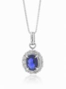 Platinum Oval Cluster Claw Set Diamond And Sapphire Pendant And Chain (S1.03) 0.26 Carats