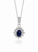 Platinum Oval Cluster Claw Set Diamond And Sapphire Pendant And Chain (S1.06) 0.25 Carats
