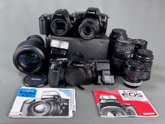 Konvolut von drei Canon Kameras, bestehend aus EOS 100, EOS 1000 FN mit Zoom 80-200mm und EOS 3000