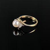 Perl Diamant Ring, 585/14K Gelbgold (punziert), Gesamtgewicht 4,48g, weiße Perle von einem Durchmes