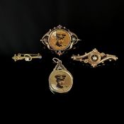Antikschmuck, 4 Teile, bestehend aus: 2 Stabbroschen, einer Brosche mit Foto und 2 kleinen Rubinen 