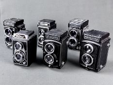 Konvolut von sechs verschiedenen Kameras, 1. Hälfte 20. Jh., bestehend aus zweiäugig, Rolleiflex mi