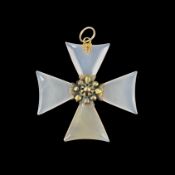 Kreuz-Anhänger, 750/18K Gelbgold (getestet), Blüte in der Mitte zwischen weißen Steinen, wohl Achat