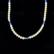 Lange Akoya Lapislazuli Perlenkette, Gesamtgewicht 54,1g, endlos, im Wechsel mit royalblauen Lapisl