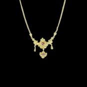 Antikes Collier mit Granaten, Abhängung ca. 11K Gelbgold (getestet), Kette ca. 585/14K Gelbgold (ge