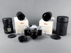 Kamera Leicaflex Nr. 1149104, Ernst Leitz Wetzlar, mit 3 Objektiven, bestehend aus Leica Elmarit-R
