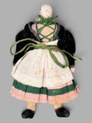 Kleine Puppe, um 1900, Lederkörper mit angenähten Beinen, Kopf aus Porzellan, teilweise bemalt, bek