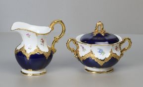 Meissen B-Form, große Milchkanne + Zuckerdose, kobaltblau mit Streublume, 1. Wahl