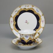 Meissen B-Form Kaffeegedeck, kobaltblau, Streublume, 1. Wahl