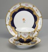 Meissen B-Form Kaffeegedeck, kobaltblau, Streublume, 1. Wahl