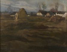 Dünenlandschaft mit Häusern, unbekannter Künstler, signiert, 19. Jhdt.