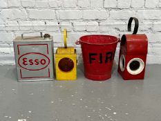 Two Road Work Lamps, Esso Two Gallon Fuel Can & Fire Bucket (4)