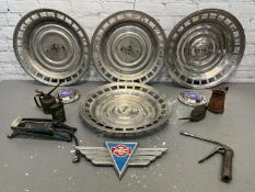 AEC Badges, Four Commercial Hub Caps, Oil cans Etc