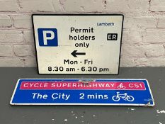 Two Road Signs, Permit Holders & Cycle Route