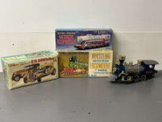 Four Toy Trains and Car, Three in Original Boxes