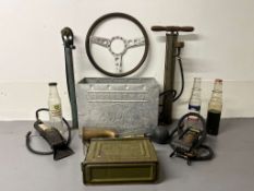 Mixed Lot Vintage Pumps, Ammunition Box, Oil Bottles Etc