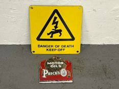 Danger of Death Sign & Part Prices Motor Oils Enamel Sign (2)