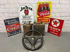 Lotus Steering Wheel, Four Reproduction Tin Signs Etc
