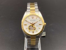 BULOVA, STAINLESS STEEL AND GILT, AUTOMATIC, CENTRE SCONDS WRISTWATCH, 98A284, C9692233