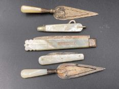 MIXED LOT OF SILVER AND MOTHER OF PEARL HANDLED BOOKMARKS AND FRUIT KNIVES