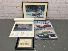 Two Ford Tin Signs, 1990 Ford Calendar Ford Ghia Print & Jim Clark Print (5)