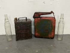 Two Glass Essolube Oil Bottles, Shell Two Gallon Fuel Can & One Other (4)
