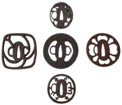 A SMALL COLLECTION OF FIVE JAPANESE ARCHAIC IRON TSUBA,