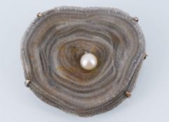 585 Gold Achat Brosche mit Perle,