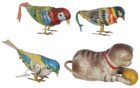 Lehmann Katze mit Ball und 3 Köhler Aufzieh-Vögel,