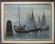 Ostsee. Koch, Ernst. “Früher Morgen im Hafen von Warnemünde“. Mischtechnik auf fester Malpappe.