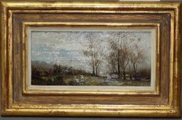 Knöchl, Hans. Landschaft. Ölgemälde (Mischtechnik) auf Holz. Unten links undeutlich signiert “