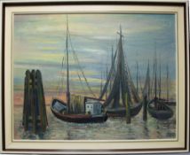 Ostsee. Koch, Ernst. Hafen an der Küste. Mischtechnik auf fester Malpappe. Unten rechts signiert "