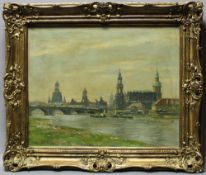 Dresden. Unbekannter Künstler. Blick über die Elbe zur Altstadt von Dresden. Ölgemälde auf