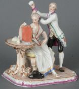 „Dame und Friseur“ Ludwigsburg 1765-1770 Elegante Dame, deshabillée, in lässiger Haltung auf einem