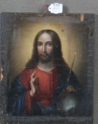 Ikone. Russland 19. Jh. Christus Pantocrator. Massivholz, bunt bemalt, 31 x 26 cm.