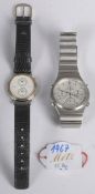 Armbanduhr und Chronograph.  Japan um 1980. Edelstahlgehäuse, teilweise vergoldet, Zifferblatt mit 