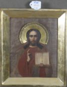Ikone. Russland 19./20. Jh. Christus Pantokrator. Öl/Holz, gerahmt, 22,3 x 17,5 cm.