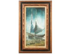 MARINE PAINTING OF A PAIR OF SAILBOATS IN A HARBOR