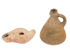 ANCIENT ROMAN TERRACOTTA PITCHER AND OIL LAMP