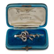 BROCHE EN OR, ARGENT, SAPHIR, PERLE ET DIAMANTS, FIN DU XIXe SIÈCLE