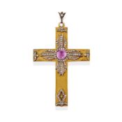 PENDENTIF/RELIQUAIRE CROIX EN OR, ARGENT, AMÉTHYSTE ET ROSES DE DIAMANTS, VERS 1900