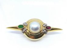 Stabbrosche mit Brillanten, Smaragd und Rubin