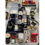 A VERY LARGE ASSORTMENT OF COSTUME JEWELLERY TO INCLUDE NECKLACES, WATCHES, EARRINGS, CUFFLINKS,