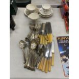 AN ASSORTMENT OF VINTAGE FLATWARE INCLUDING SILVER, TOGETHER WITH VINTAGE SUTHERLAND CUPS AND