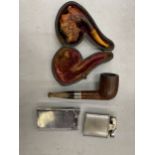 A MEERSHAM PIPE IN CASE TOGETHER WITH ONE OTHER WITH A SILVER COLLAR AND TWO LIGHTERS