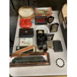 AN ASSORTMENT OF ITEMS TO INCLUDE, A BOXED PALITOY OO GAUGE TRAIN, SPORTING TROPHIES, BOXES, ETC