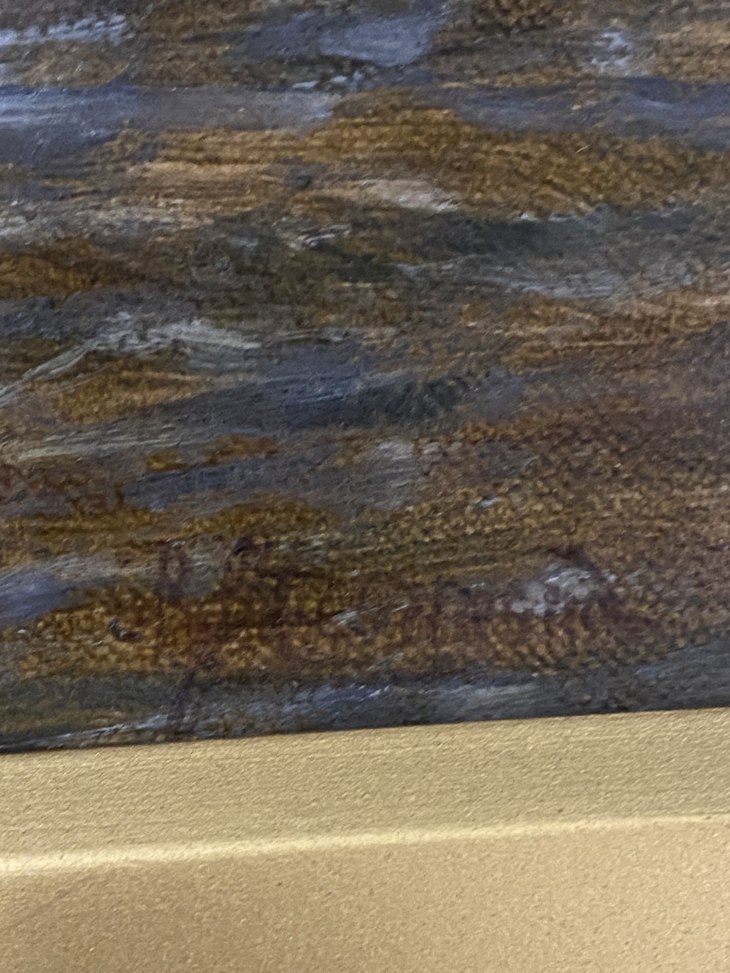 A SMALL GILT FRAMED OIL ON CANVAS PAINTING TITLED 'FISH IN HARBOUR - CORNWALL' SIGNED - Image 3 of 4