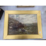 A SMALL GILT FRAMED OIL ON CANVAS PAINTING TITLED 'FISH IN HARBOUR - CORNWALL' SIGNED