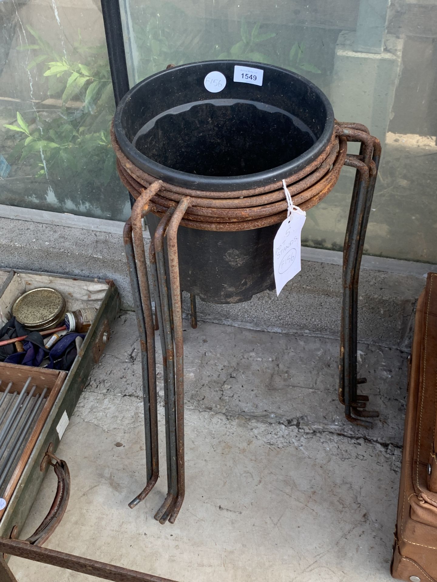 FIVE STEEL PLANT POT TRIPOD STANDS