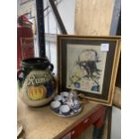A LARGE SCHEURICH-KERAMIK WEST GERMAN 'RUMTOPF' JAR TOGETHER WITH A FRAMED PRINT AND A MINIATURE TEA
